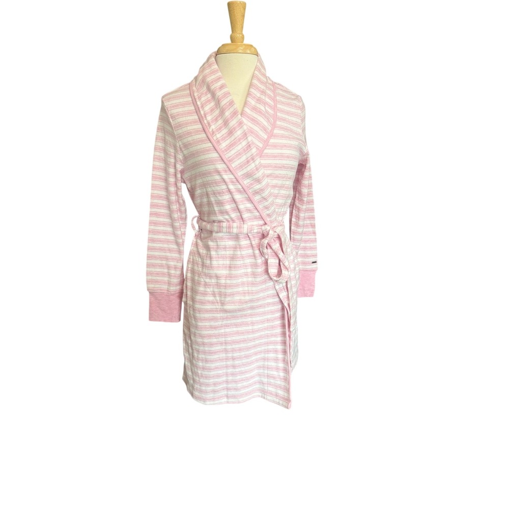 Nautica Robe Women Medium Pink White Striped‎ Cotton Blend Long Sleeve Tie Wrap